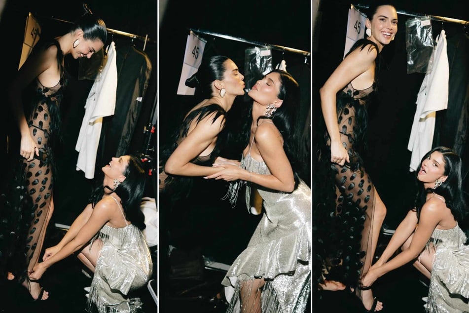 Kendall Jenner (l.) donned a naked dress for Schiaparelli on the Paris Fashion Week runway Thursday, and her sister Kylie Jenner (r.) was there front and center to cheer her on!