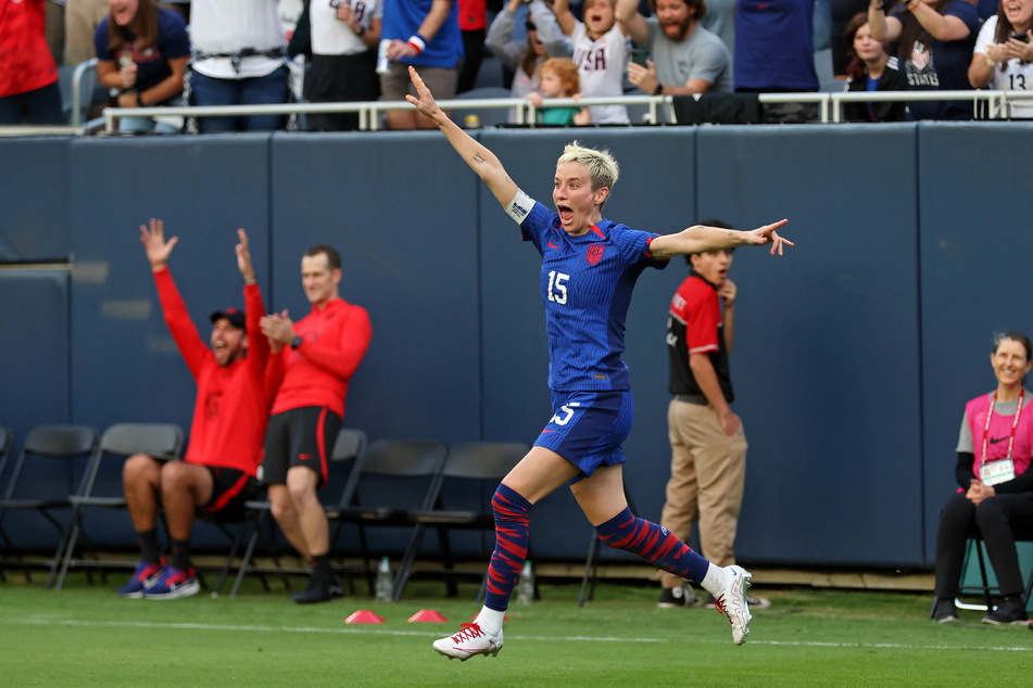United States forward Megan Rapinoe celebrates after her corner kick led to a goal against South Africa scored by defender Emily Sonnett during the second half at Soldier Field.