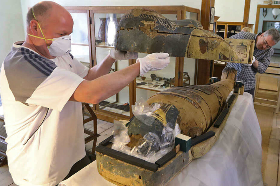Sammlungs-Techniker Mathias Merbitz (l.) und der Chef des Naturkundemuseums, Ronny Rößler verschließen den mit Luftpolstern ausgepolsterten Sarkophag.