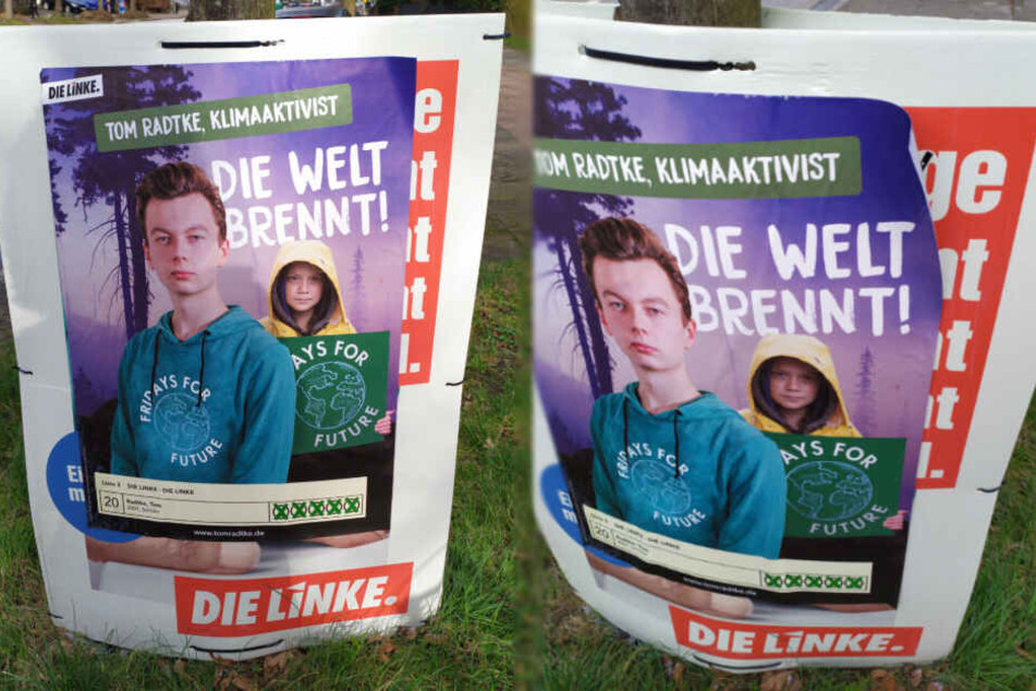 Wahlplakate der Linken wurden mit welchen von Tom Radtke überklebt. Dazwischen wurden Rasierklingen angebracht.