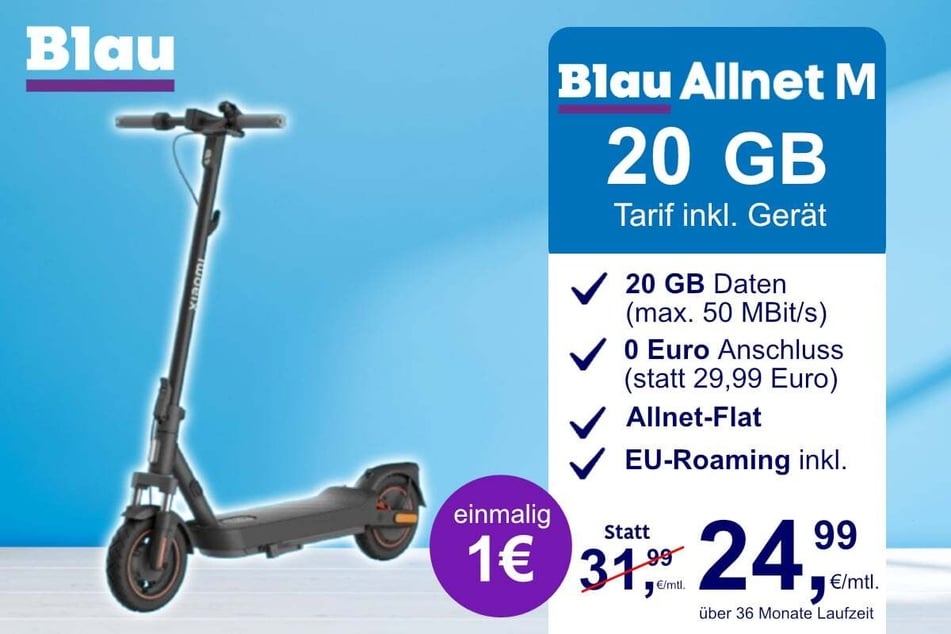 Der Xiaomi E-Scooter 5 Max im Blau Allnet M für einmalig 1 Euro.