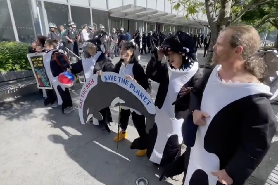 "Orcas" take over Wall Street to protest Citibank's investment in climate destruction