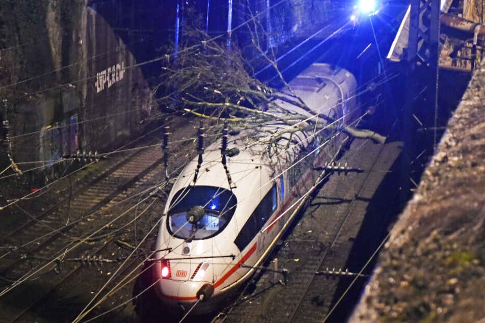 Ein umgestürzter Baum liegt auf einem ICE. (Symbolbild)
