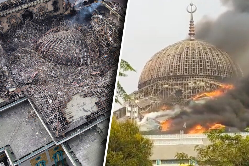 Feuer-Inferno: Mega-Moschee liegt in Trümmern, Kuppel eingestürzt