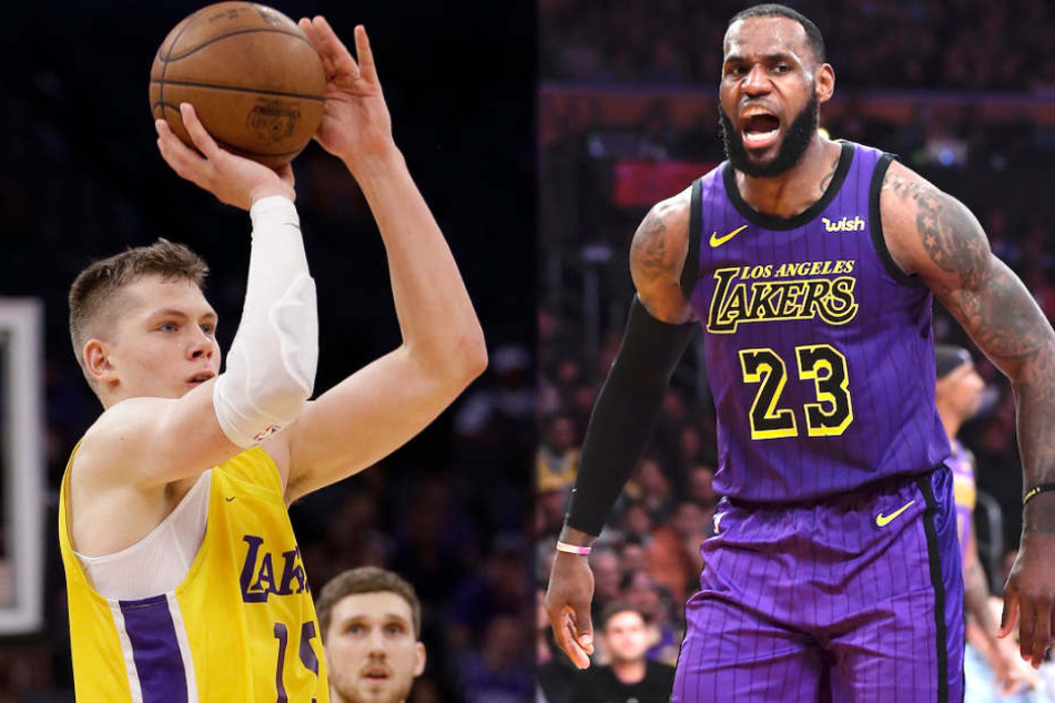 LeBron James (33) feierte den Berliner Moritz Wagner (21) nach seinen allerersten NBA-Körben. (Bildmontage)