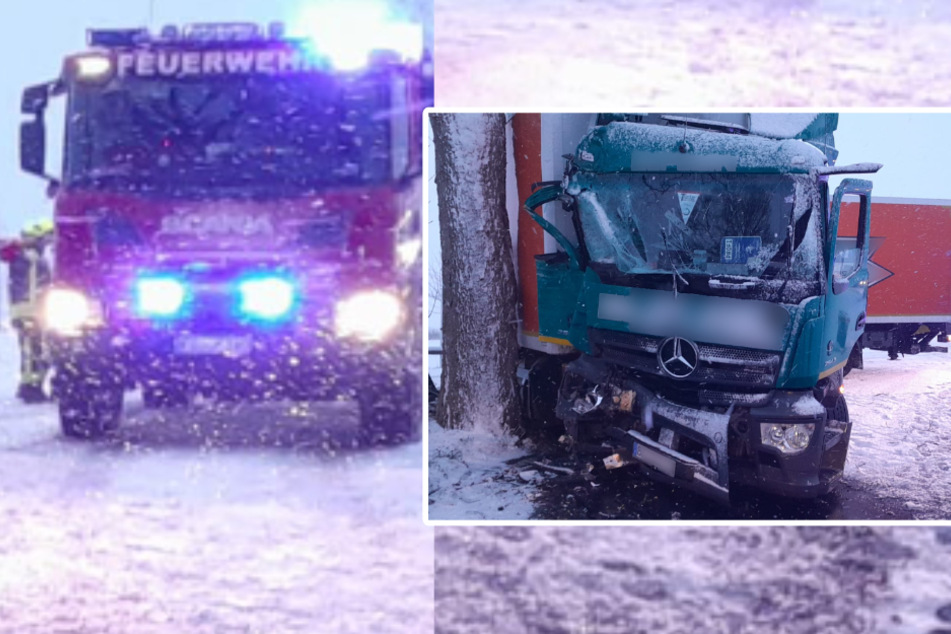 Winter-Unfall in Mittelsachsen: Lkw kracht gegen Baum
