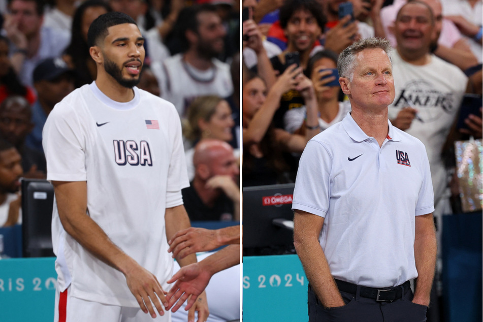 Team USA coach Steve Kerr (r.) revealed the thinking behind his decision to bench Boston Celtics superstar Jayson Tatum in the win over Serbia at the Olympics.