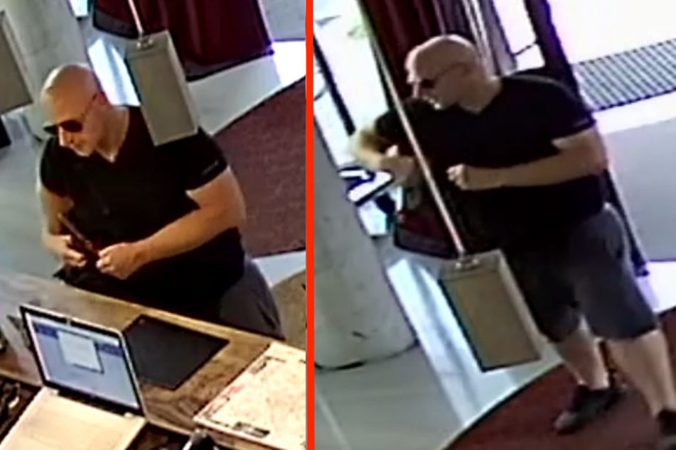 Mit diesen Aufnahmen einer Überwachungskamera sucht die Berliner Polizei den auffälligen Glatzen-Mann.
