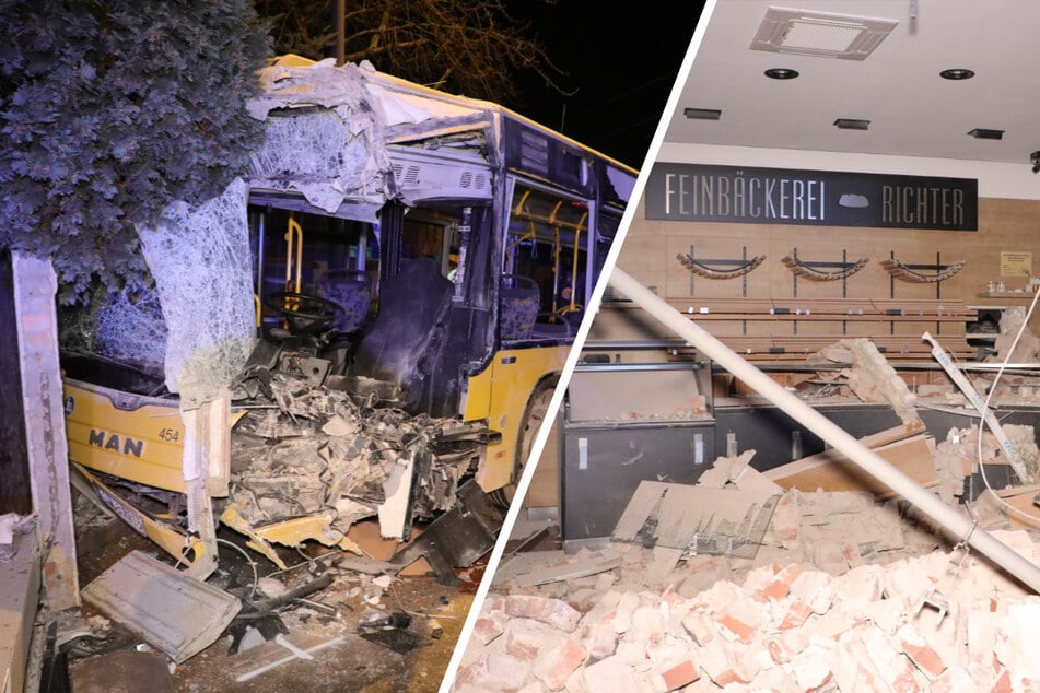 Unfall mitten in der Nacht: Bus kracht in Dresdner Bäckerei