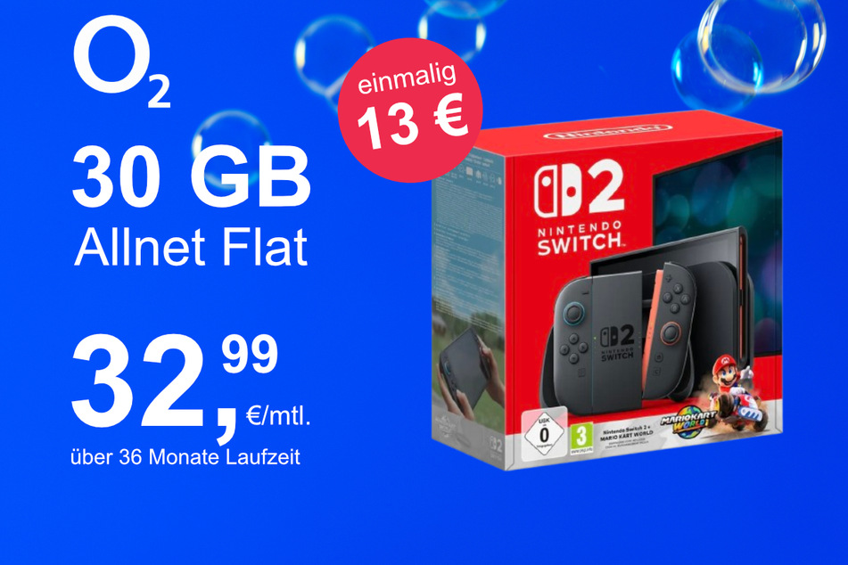 Die Nintendo Switch 2 plus Mario Kart World im o2 Mobile M inkl. 30 GB+ für einmalig nur 13 Euro.