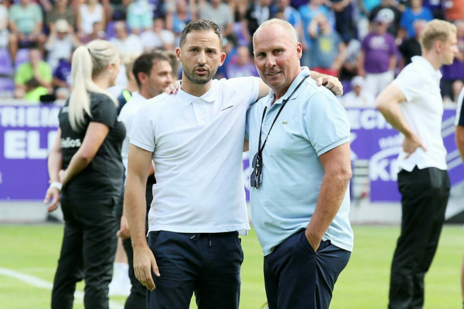 Aue-Präsident Helge Leonhardt (r.) hat eine Kooperation mit Spartak Moskau vereinbart, bei dem Ex-Trainer Domenico Tedesco (l.) jetzt Chefcoach ist.