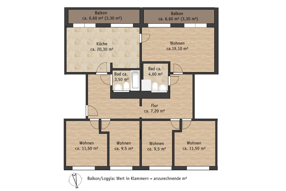 Weitläufige 5-Raum-Wohnung mit zwei Loggias und großer Küche.