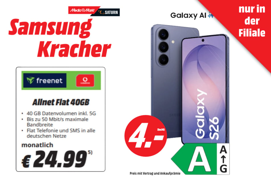 Das Samsung Galaxy S26 256GB gibt's mit Vertrag und Ankaufprämie für einmalig 4 Euro.