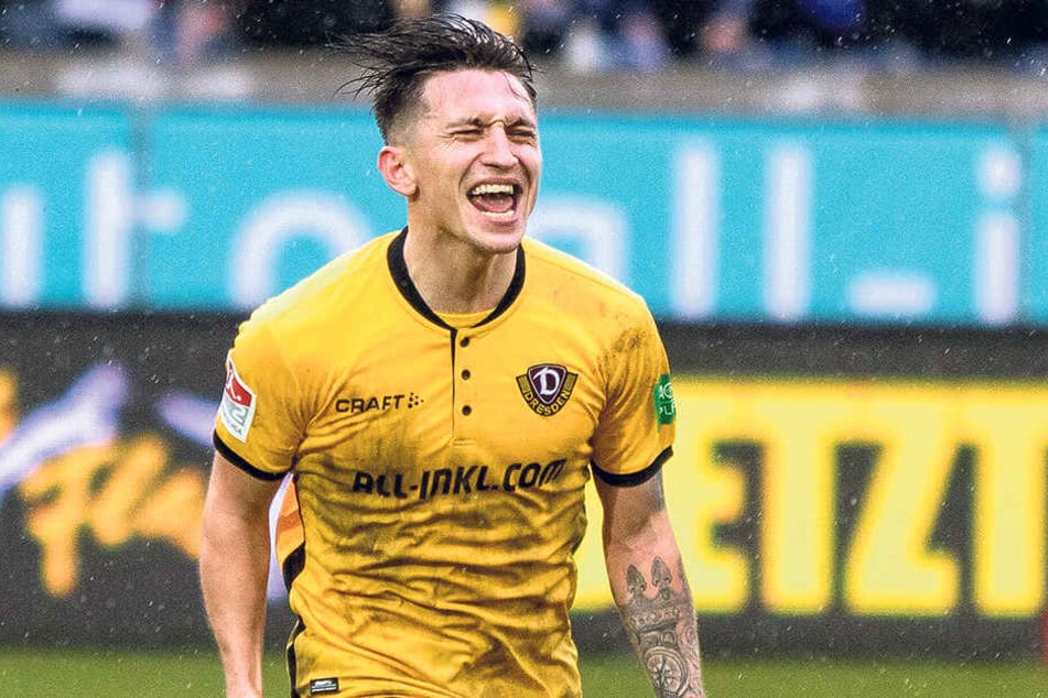 Baris Atik schreit jubelnd seine Freude über den Treffer in Duisburg heraus. Es war sein bisher bester Auftritt für Dynamo.