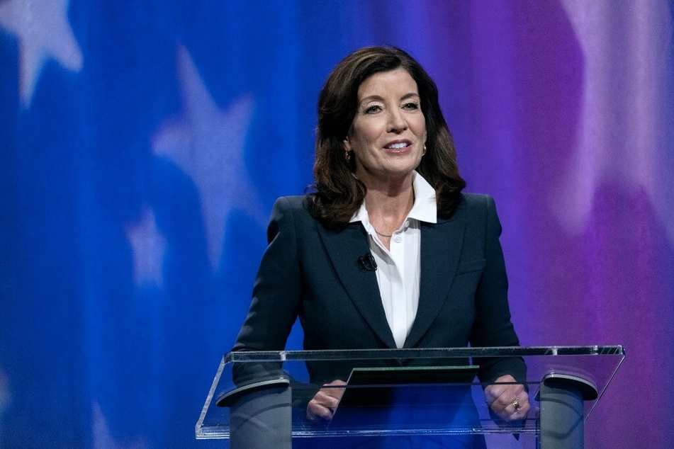 Incumbent Kathy Hochul speaks during a televised debate in the race for NY governor.