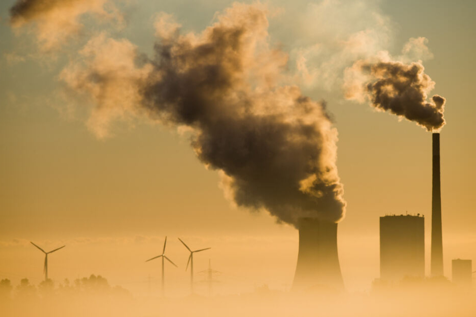 Eon Kohlekraftwerk vor Windrädern in Niedersachsen.