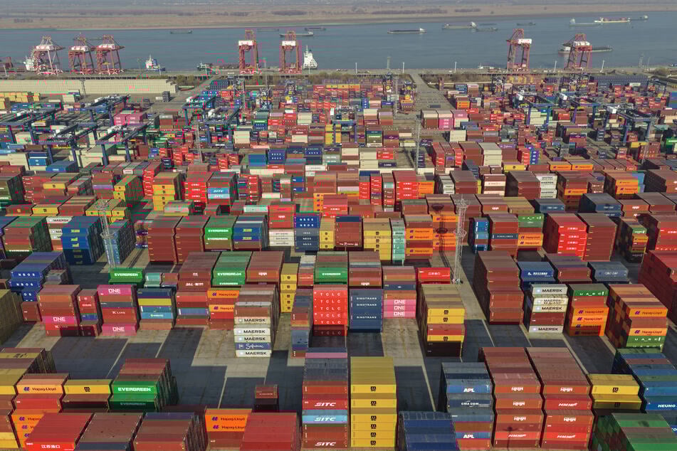 Containers are pictured at the Longtan port in Nanjing in eastern China's Jiangsu province on January 14, 2026.
