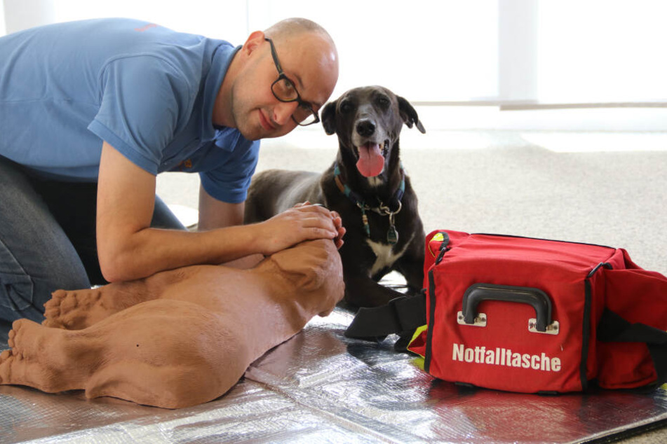 Rettungssanitäter Mathias Körner (41) leitet den Erste-Hilfe-Kurs, übt mit einem Dummy. Echte Hunde dürfen nicht mitgebracht werden.