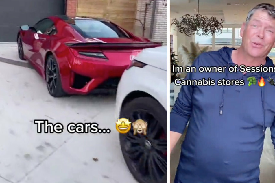 Auch die Autos faszinieren, ein Tesla steht ebenfalls vor dem Anwesen! Der Besitzer (rechts) erklärt, dass er sein Geld mit Cannabis-Sitzungen verdient.