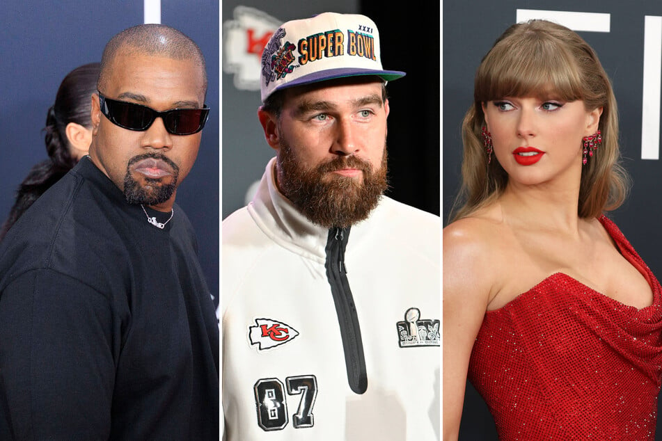 Travis Kelce (c.) was asked whether he ever listens to Taylor Swift's (r.) notorious enemy Kanye West, and his response has won him some serious points with the Swifties!