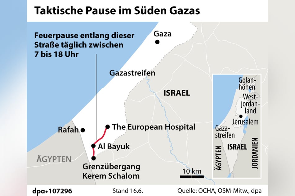 Israels Armee will entlang dieser Route im Süden Gazas täglich elf Stunden lang die Waffen schweigen lassen. So sollen mehr Hilfslieferungen ermöglicht werden.