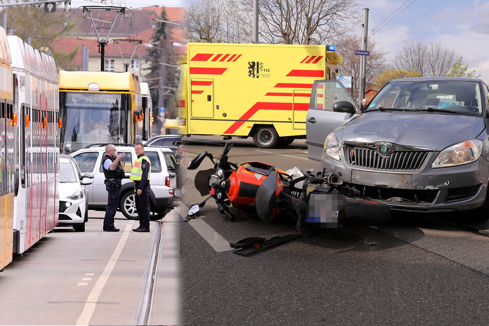 Biker nach Unfall auf Leipziger Straße in Klinik: Skoda-Fahrerin unter Schock, Linie 4 unterbrochen