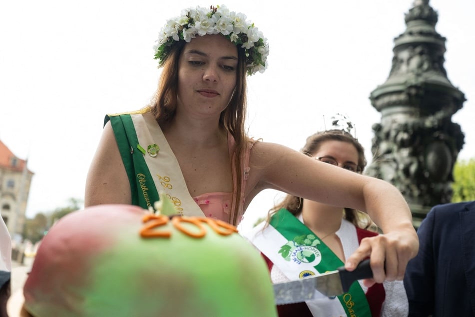 Blütenkönigin Alina I. schneidet bei einem Pressetermin des Obstbauverbandes Sachsen &amp; Sachsen-Anhalt zur Eröffnung der Apfelsaison eine Torte in Apfelform an.