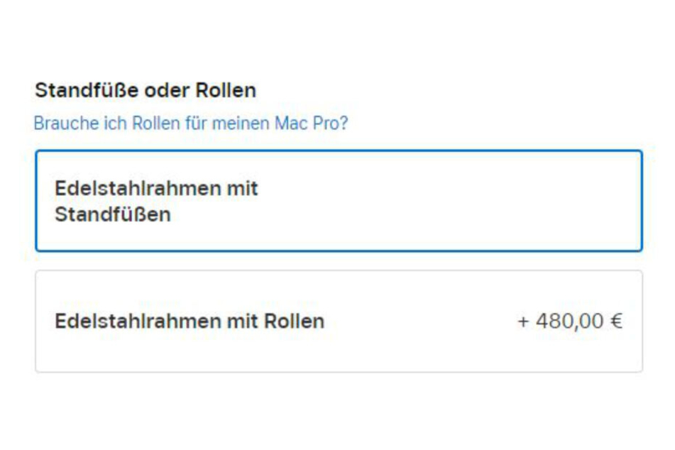 Anstelle der Rollen kann man den Mac Pro auch mit Standfüßen kaufen. Diese sind im Grundpreis inklusive.