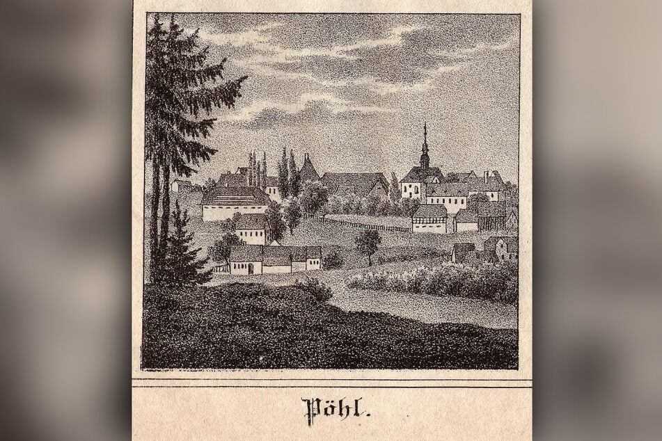 Eine Ansicht von 1844 mit dem Dorf Pöhl. Auch dieses Dokument dient dem Künstler als Vorlage.