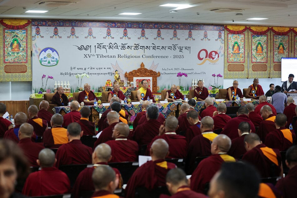 Monks attend the 15th Tibetan Religious Conference at the Dalai Lama Library and Archive near Tsuglagkhang, also known as Dalai Lama's Temple complex, in the northern hill town of Dharamshala, India, on July 2, 2025.