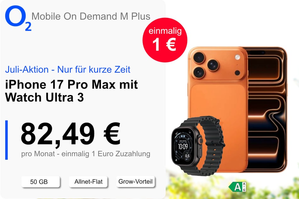 Das iPhone 17 Pro Max mit Watch Ultra 3 und 50 GB Daten für einmalig nur 1 Euro bei o2.