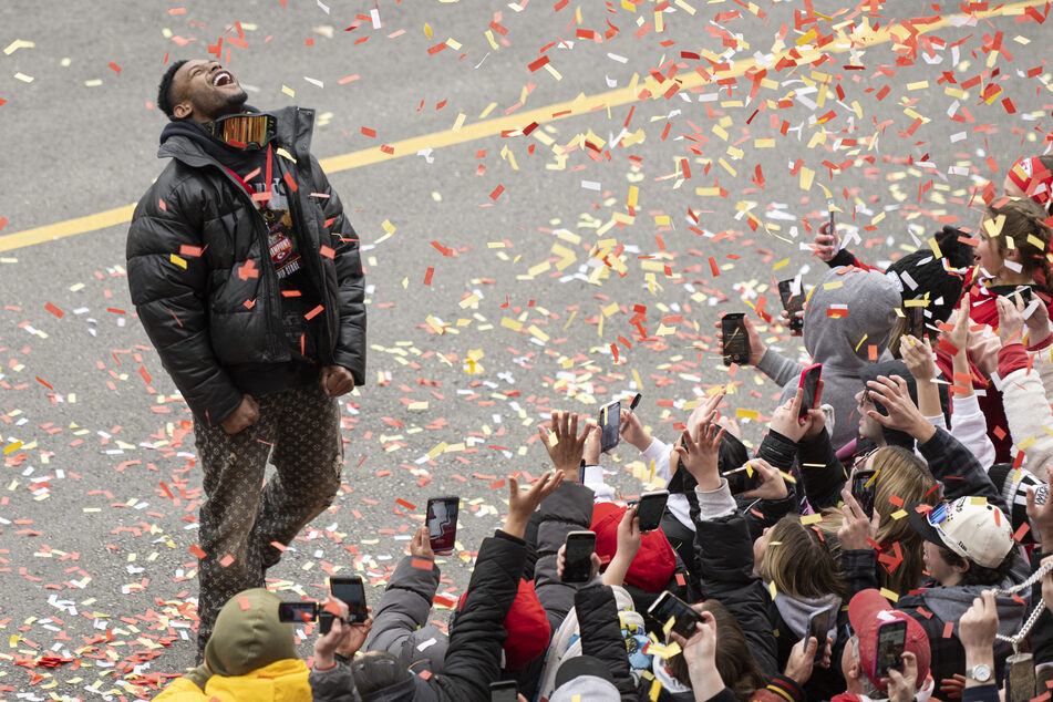 JuJu Smith-Schuster celebrates after winning Super Bowl LVII with the Kansas City Chiefs.