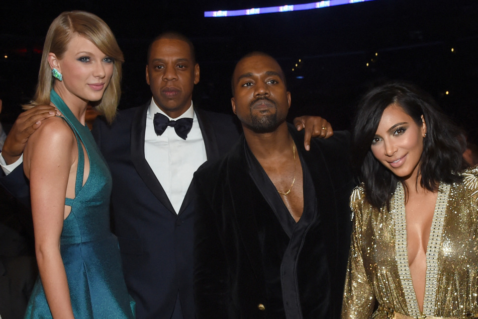 Taylor Swift (l.) and Kim Kardashian (r.) were embroiled in a heated feud in 2016, when the reality star leaked an edited call between the singer and Kanye West (second from r.).