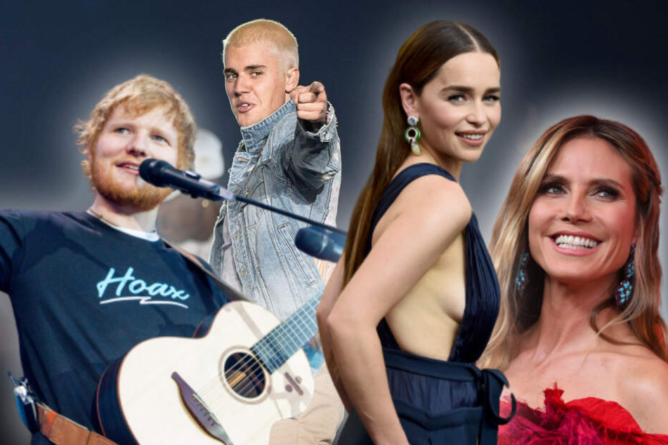 Wer diese Stars im Internet sucht, landet schnell auf Seiten mit Viren: Ed Sheeran, Justin Bieber, Emilia Clark und Heidi Klum (l -r). (Bildmontage)