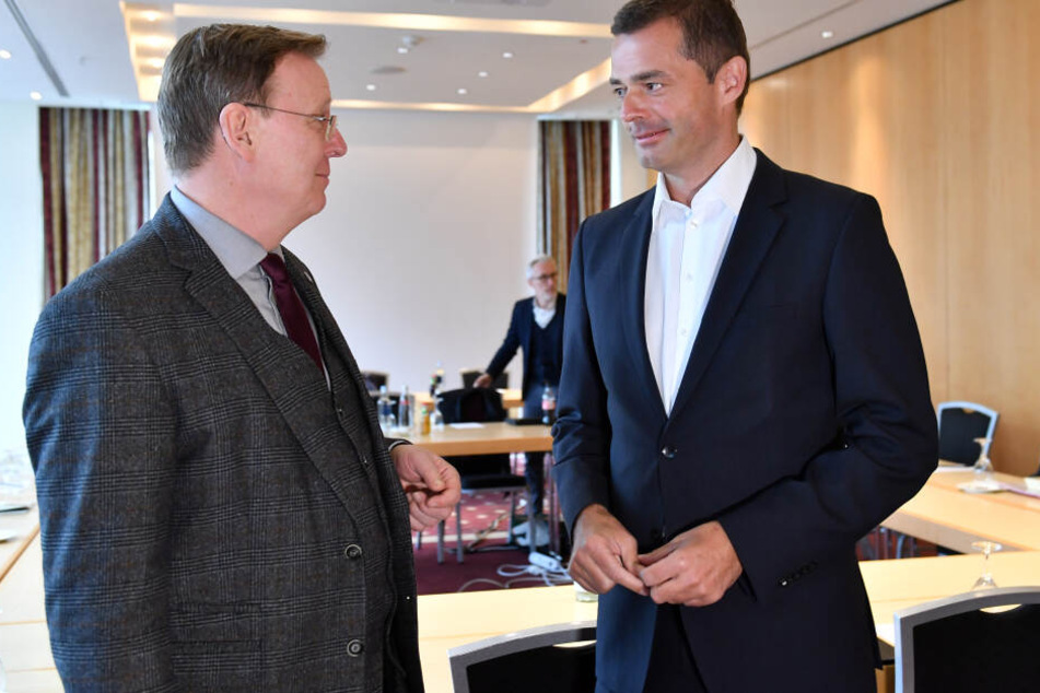 Bodo Ramelow (l.) und Mike Mohring hatten sich am Sonntag bei Altbundespräsident Joachim Gauck getroffen.