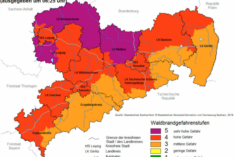Die aktuelle Waldbrandgefahrenstufen für Sachsen.