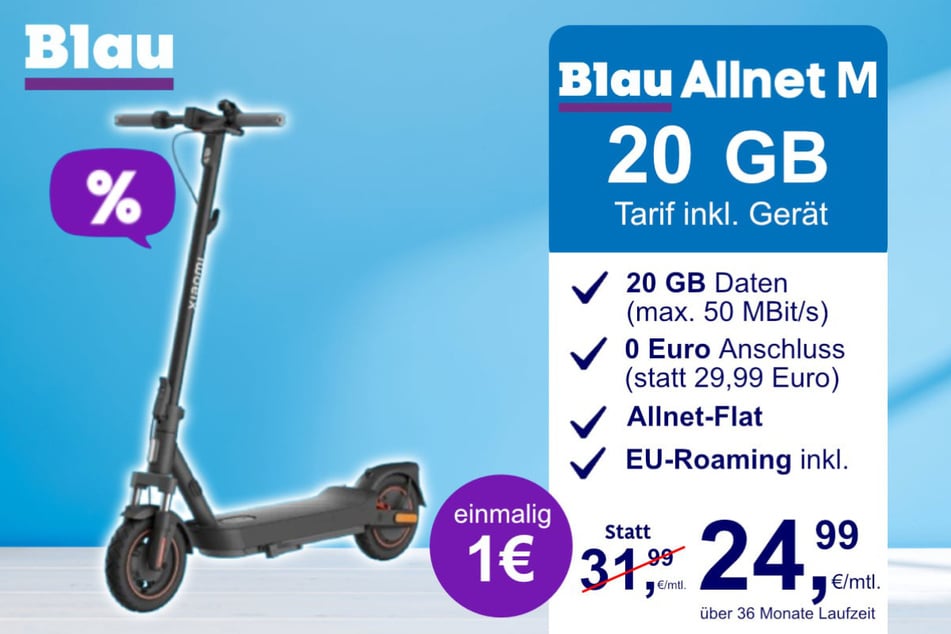 Der Xiaomi E-Scooter 5 Max im Blau Allnet M für einmalig 1 Euro.