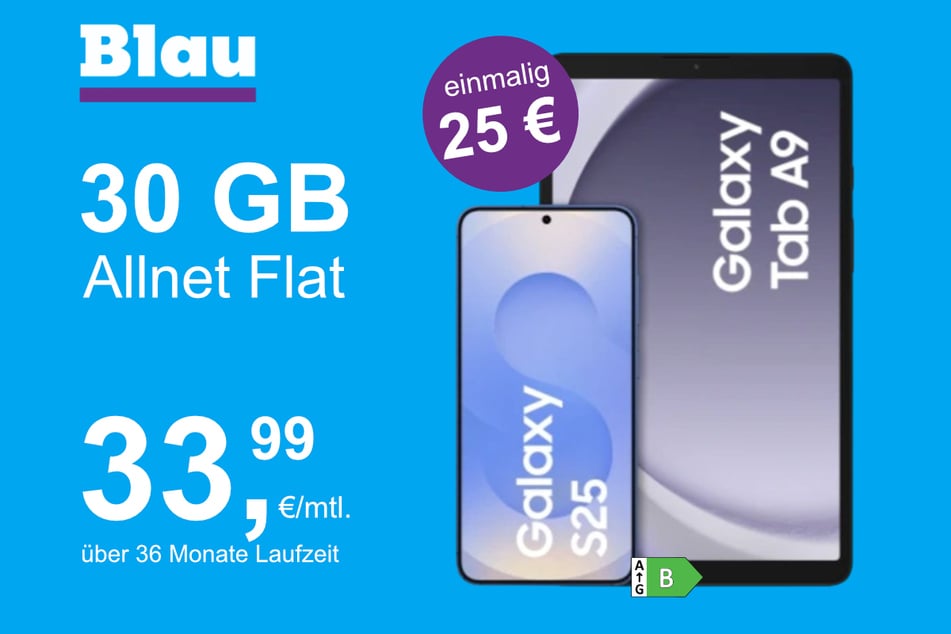 Das Samsung Galaxy S25 + Galaxy Tab A9 im Blau Allnet L für einmalig 25 Euro.