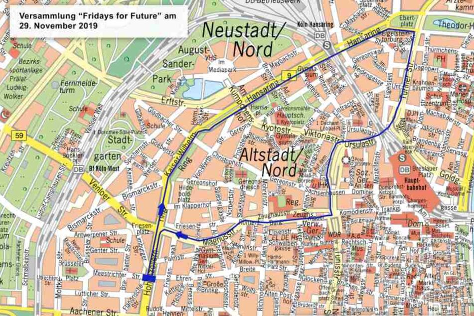 Auf dieser Karte ist die Wegstrecke der geplanten Demo von Fridays for future am Freitag in Köln zu sehen.