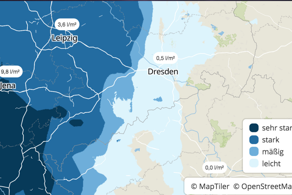 Ab Dienstagnachmittag ziehen Gewitter über Sachsen hinweg, dann kann es auch zu Starkregenfällen kommen, wie deutlich auf der Niederschlagskarte zu sehen ist.