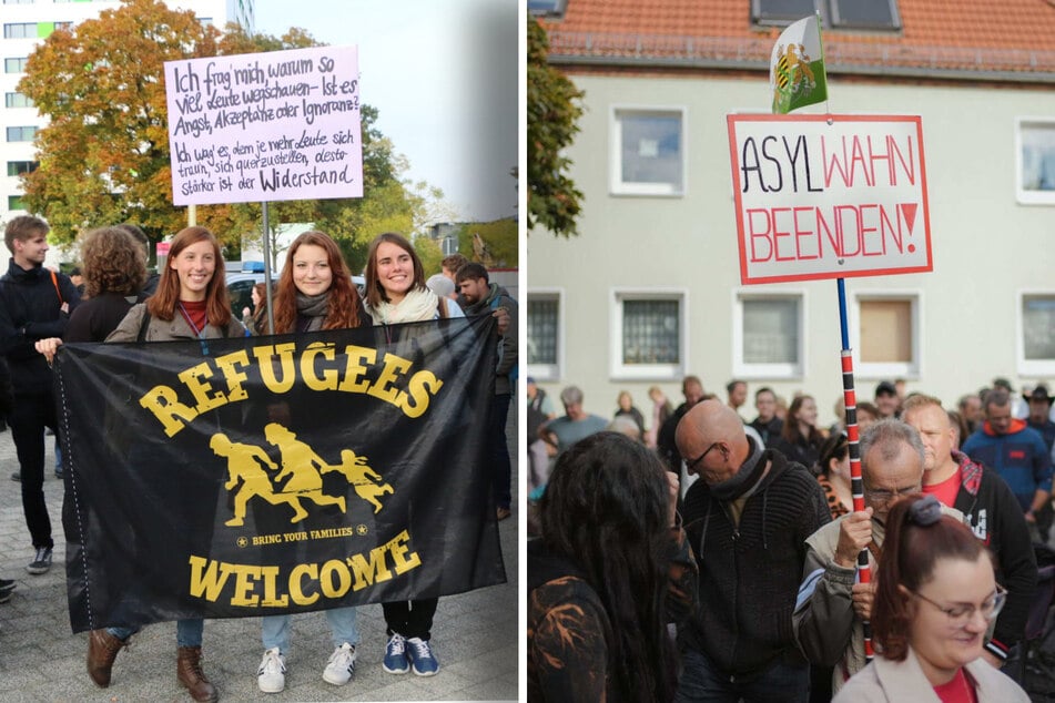 Das Thema Migration spaltet die Gesellschaft: auf der einen Demo wird "Asylwahn beenden" gefordert, auf den anderen "Refugees welcome".