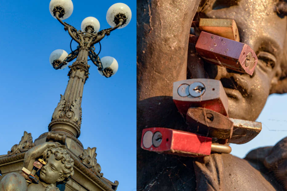 Liebesschlösser hängen an einer Skulptur der Lombardsbrücke.