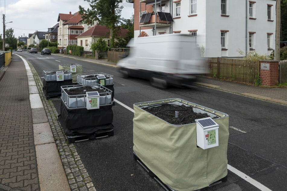 Seit Mai 2024 stehen auf der Bahnstraße in Chemnitz Pflanzkübel, um den Verkehr zu beruhigen.