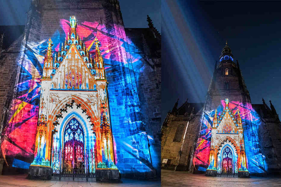 Laserstrahlen bringen den Dom St. Marien zum Leuchten.