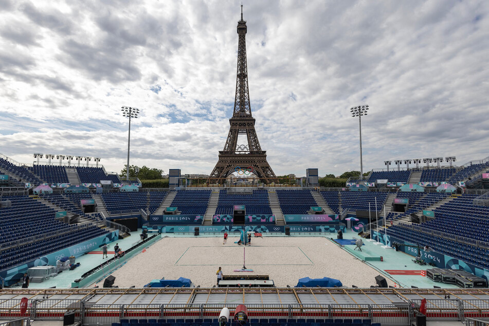 The Eiffel Tower stadium is prepared to host beach volleyball games ahead of the 2024 Paris Olympics.