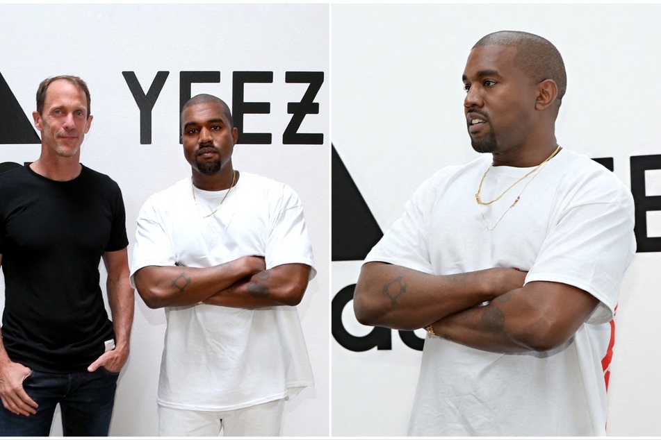Kanye West poses alongside Adidas CMO Eric Liedtke (l.).