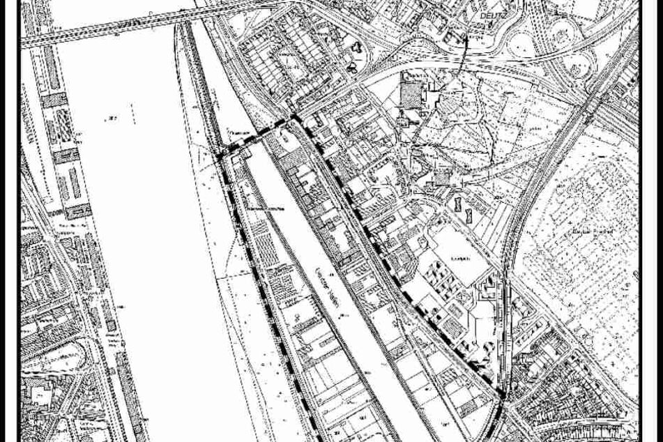 Das schwarz umrandete Gebiet rund um das Deutzer Hafenbecken soll ein neues Wohn- und Arbeitsviertel für Köln werden.