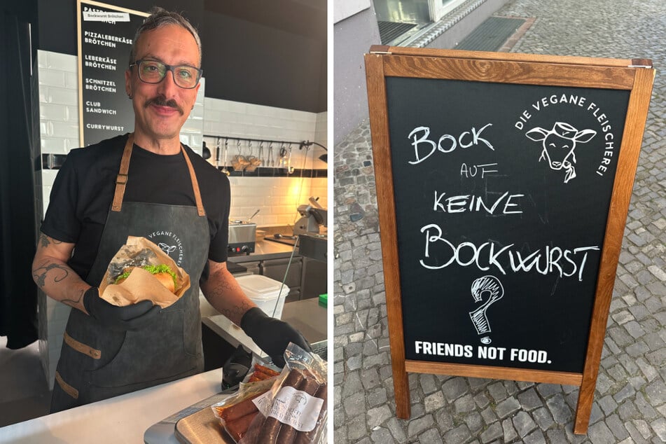 Franchisenehmer Simon (48) zeigt stolz seine vegane Fleischerei im Berliner Ortsteil Prenzlauer Berg.