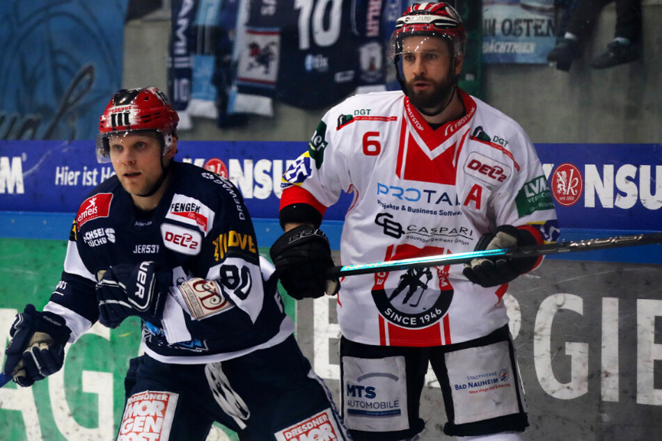 Im letzten Saison-Spiel gegen Bad Nauheim war auch für Mario Lamoureux (l.) Schluss. Er konnte wegen einer Oberkörperverletzung nicht weiterspielen.