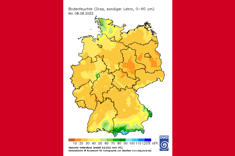 Diese Grafik des Deutschen Wetterdienstes (DWD) zeigt die geringe Bodenfeuchte in ganz Deutschland in einer Tiefe von 0 bis 60 Zentimetern am gestrigen Montag.